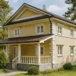 Проект дома «М-189Б» из СИП-панелей, 189 м² — двухэтажный дом с бежевым фасадом, коричневой крышей и крытым крыльцом | HotWell.KZ