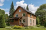 Проект дома «М-192» из СИП-панелей, 192 м² — двухэтажный дом с бежевым фасадом, серой крышей и крытой террасой | HotWell.KZ