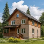 Проект дома «М-192» из СИП-панелей, 192 м² — двухэтажный дом с бежевым фасадом, серой крышей и крытой террасой | HotWell.KZ
