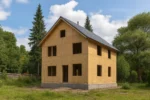 Дом «М-192», 192 м², 2 этажа, в черновой отделке: коробка из СИП-панелей OSB-3, двускатная кровля из металлочерепицы, проёмы без окон и дверей, в проёмах видны сосновые балки перекрытия