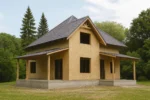 Дом «М-196», 196 м², 1,5 этажа, в черновой отделке: коробка из СИП-панелей OSB-3, вальмовая кровля из металлочерепицы, проёмы без окон и дверей, в проёмах видны сосновые балки перекрытия
