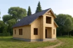 Дом «М-199», 199 м², 1.5 этажа, в черновой отделке: коробка из СИП-панелей OSB-3, двускатная кровля из металлочерепицы, проёмы без окон и дверей, в проёмах видны сосновые балки перекрытия