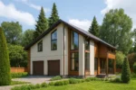 Проект дома «М-221» из СИП-панелей, 221 м² — двухэтажный дом с бежевым фасадом, коричневой крышей и гаражом | HotWell.KZ