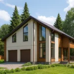 Проект дома «М-221» из СИП-панелей, 221 м² — двухэтажный дом с бежевым фасадом, коричневой крышей и гаражом | HotWell.KZ
