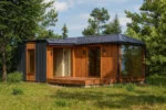 Проект дома «М-30» из СИП-панелей, 30 м² — одноэтажный дом с деревянным фасадом, черной крышей и панорамными окнами | HotWell.KZ