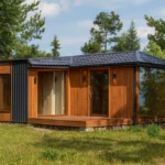 Проект дома «М-30» из СИП-панелей, 30 м² — одноэтажный дом с деревянным фасадом, черной крышей и панорамными окнами | HotWell.KZ
