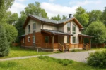 Проект дома «М-329» из СИП-панелей, 329 м² — двухэтажный дом с серой крышей, деревянным фасадом и террасой | HotWell.KZ