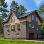 Проект дома «М-329Б» из СИП-панелей, 329 м² — двухэтажный дом с серым фасадом, черной крышей и гаражом | HotWell.KZ