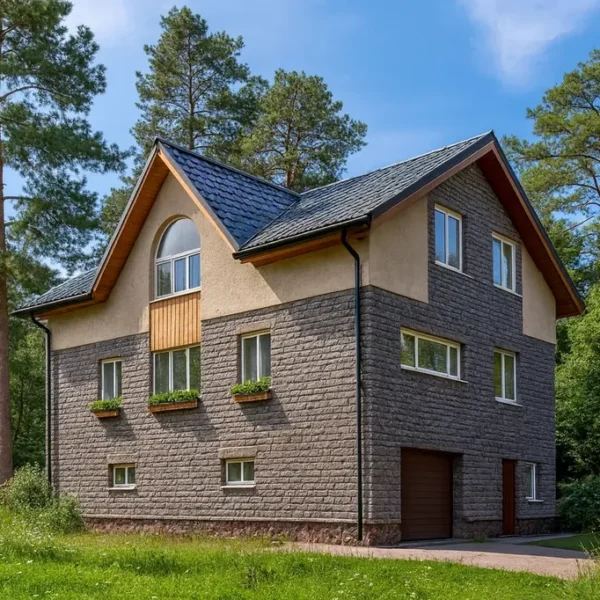 Проект дома «М-329Б» из СИП-панелей, 329 м² — двухэтажный дом с серым фасадом, черной крышей и гаражом | HotWell.KZ