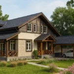 Проект дома «М-336» из СИП-панелей, 336 м² — двухэтажный дом с бежевым фасадом, черной крышей и террасой | HotWell.KZ