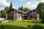 Проект дома «М-354» из СИП-панелей, 354 м² — двухэтажный дом с кирпичным фасадом, черной крышей и панорамными окнами | HotWell.KZ
