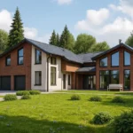 Проект дома «М-354» из СИП-панелей, 354 м² — двухэтажный дом с кирпичным фасадом, черной крышей и панорамными окнами | HotWell.KZ