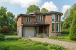Проект дома «М-436» из СИП-панелей, 436 м² — двухэтажный дом с кирпичным фасадом, черной крышей и гаражом | HotWell.KZ