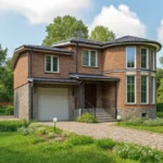 Проект дома «М-436» из СИП-панелей, 436 м² — двухэтажный дом с кирпичным фасадом, черной крышей и гаражом | HotWell.KZ