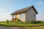 Проект дома «М-47» из СИП-панелей, 47 м² — одноэтажный дом с серым фасадом, темной крышей и крыльцом | HotWell.KZ