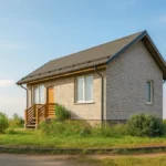Проект дома «М-47» из СИП-панелей, 47 м² — одноэтажный дом с серым фасадом, темной крышей и крыльцом | HotWell.KZ