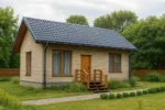Проект дома «М-47Б» из СИП-панелей, 47 м² — одноэтажный дом с бежевым фасадом, синей крышей и деревянным крыльцом | HotWell.KZ