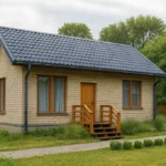 Проект дома «М-47Б» из СИП-панелей, 47 м² — одноэтажный дом с бежевым фасадом, синей крышей и деревянным крыльцом | HotWell.KZ