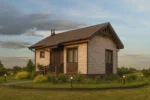 Проект дома «М-48» из СИП-панелей, 48 м² — одноэтажный дом с бежевым фасадом, коричневой крышей и крыльцом | HotWell.KZ