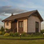 Проект дома «М-48» из СИП-панелей, 48 м² — одноэтажный дом с бежевым фасадом, коричневой крышей и крыльцом | HotWell.KZ
