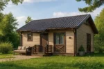 Проект дома «М-48Б» из СИП-панелей, 48 м² — одноэтажный дом с бежевым фасадом, коричневой крышей и крыльцом | HotWell.KZ