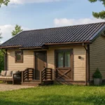 Проект дома «М-48Б» из СИП-панелей, 48 м² — одноэтажный дом с бежевым фасадом, коричневой крышей и крыльцом | HotWell.KZ