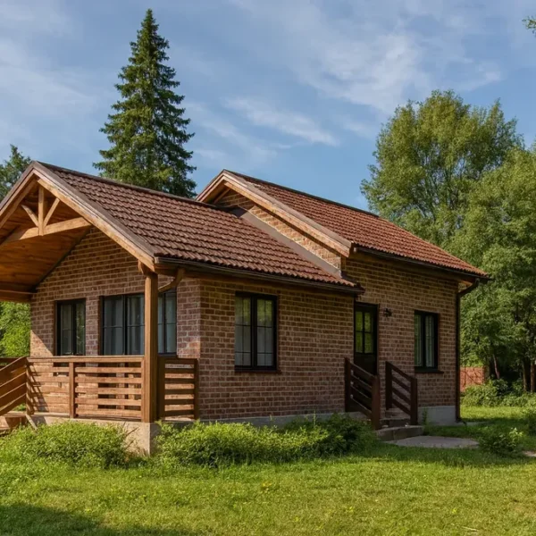 Проект дома «М-71» из СИП-панелей, 71 м² — одноэтажный дом с кирпичным фасадом, коричневой крышей и террасой | HotWell.KZ