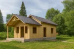 Дом «М-71», 71 м², 2 этажа, в черновой отделке: коробка из СИП-панелей OSB-3, двускатная кровля из металлочерепицы, проёмы без окон и дверей, в проёмах видны сосновые балки перекрытия