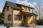 Проект дома «М-75» из СИП-панелей, 75 м² — двухэтажный дом с деревянным фасадом, серой крышей и крыльцом | HotWell.KZ