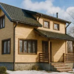 Проект дома «М-75» из СИП-панелей, 75 м² — двухэтажный дом с деревянным фасадом, серой крышей и крыльцом | HotWell.KZ