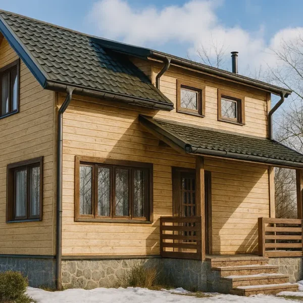 Проект дома «М-75» из СИП-панелей, 75 м² — двухэтажный дом с деревянным фасадом, серой крышей и крыльцом | HotWell.KZ