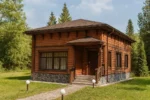 Проект дома «М-77» из СИП-панелей, 77 м² — одноэтажный дом с деревянным фасадом, коричневой крышей и крыльцом | HotWell.KZ