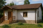 Проект дома «М-79» из СИП-панелей, 79 м² — одноэтажный дом с белым фасадом, коричневой крышей и крытым крыльцом | HotWell.KZ