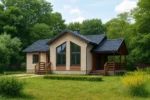 Проект дома «М-90» из СИП-панелей, 90 м² — одноэтажный дом с бежевым фасадом, черной крышей и террасой | HotWell.KZ