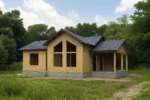 Дом «М-90», 90 м², 1 этаж, в черновой отделке: коробка из СИП-панелей OSB-3, двускатная кровля из металлочерепицы, проёмы без окон и дверей