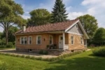 Проект дома «М-94» из СИП-панелей, 94 м² — одноэтажный дом с деревянным фасадом, красной черепичной крышей и крыльцом | HotWell.KZ