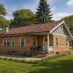 Проект дома «М-94» из СИП-панелей, 94 м² — одноэтажный дом с деревянным фасадом, красной черепичной крышей и крыльцом | HotWell.KZ