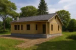 Дом «М-94», 94 м², 1 этаж, в черновой отделке: коробка из СИП-панелей OSB-3, двускатная кровля из металлочерепицы, проёмы без окон и дверей