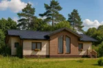 Проект дома «М-95» из СИП-панелей, 95 м² — одноэтажный дом с бежевым фасадом, темной крышей и крыльцом | HotWell.KZ
