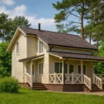 Проект дома «М-96» из СИП-панелей, 96 м² — двухэтажный дом с бежевым фасадом, коричневой крышей и крытым крыльцом | HotWell.KZ