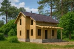 Дом «М-96», 96 м², 1.5 этажа, в черновой отделке: коробка из СИП-панелей OSB-3, двускатная кровля из металлочерепицы, проёмы без окон и дверей, в проёмах видны сосновые балки перекрытия