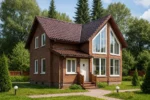 Проект дома «Н-128» из СИП-панелей, 128 м² — двухэтажный дом с кирпичным фасадом, коричневой крышей и панорамными окнами | HotWell.KZ