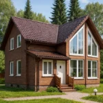Проект дома «Н-128» из СИП-панелей, 128 м² — двухэтажный дом с кирпичным фасадом, коричневой крышей и панорамными окнами | HotWell.KZ