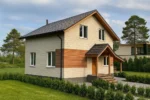 Проект дома «Н-131Б» из СИП-панелей, 131 м² — двухэтажный дом с бежевым фасадом, серой крышей и крытым крыльцом | HotWell.KZ