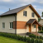 Проект дома «Н-131Б» из СИП-панелей, 131 м² — двухэтажный дом с бежевым фасадом, серой крышей и крытым крыльцом | HotWell.KZ