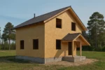 Дом «Н-131Б», 131 м², 1.5 этажа, в черновой отделке: коробка из СИП-панелей OSB-3, двускатная кровля из металлочерепицы, проёмы без окон и дверей, в проёмах видны сосновые балки перекрытия