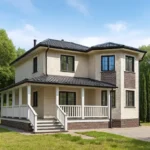 Проект дома «Н-132» из СИП-панелей, 132 м² — двухэтажный дом с бежевым фасадом, черной крышей и крытой террасой | HotWell.KZ