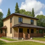Проект дома «Н-148» из СИП-панелей, 148 м² — двухэтажный дом с бежевым фасадом, коричневой крышей и крытой террасой | HotWell.KZ