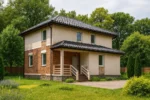 Проект дома «Н-151» из СИП-панелей, 151 м² — двухэтажный дом с бежевым фасадом, черной крышей и крыльцом | HotWell.KZ