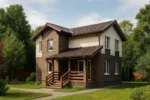 Проект дома «Н-157» из СИП-панелей, 157 м² — двухэтажный дом с коричневым фасадом, коричневой крышей и крытым крыльцом | HotWell.KZ